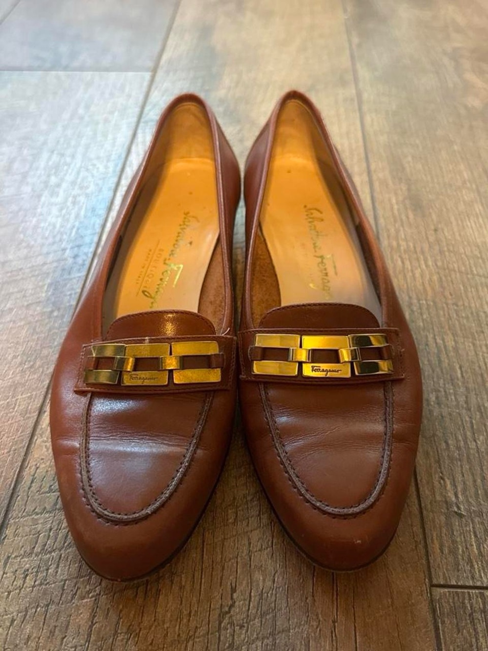 Salvatore Ferragamo Chestnut Brown Leather Loafers with Gold-Tone Hardware